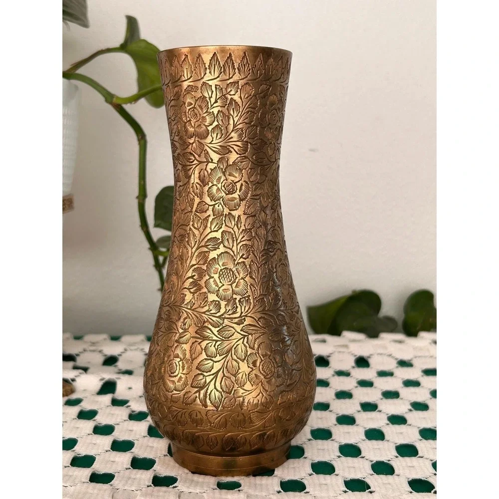 Vintage Etched Brass Floral Vase Made in India BIC 513 Boho Decor 7.5 Inch